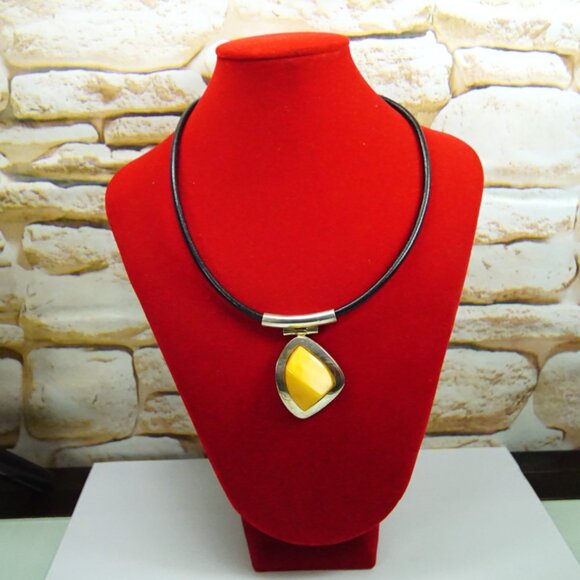 Baltic Amber and 925 Silver Black Leather Cord Modernist Necklace 18" - Her Gift - Picture 3 of 14